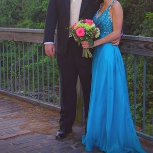 Blue, cross back prom dress
